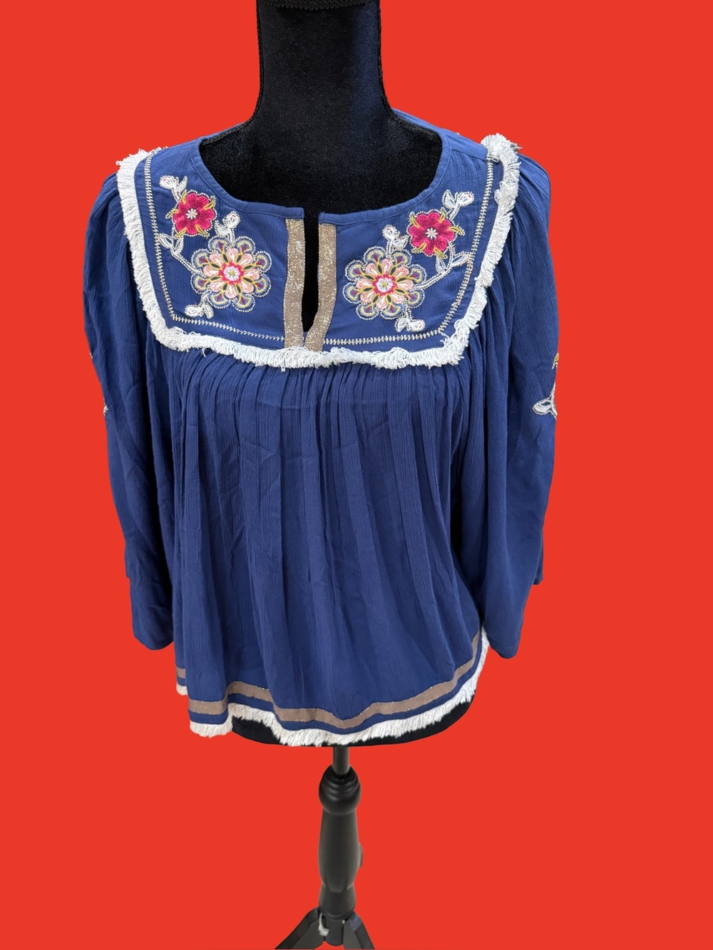 Boho Embroidered Navy Peasant Top